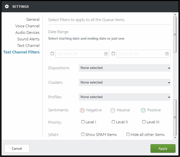 Digital Engagement | Text Channel Queue Filter Settings