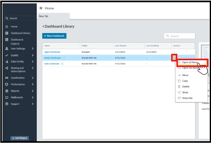 Performance Dashboard | How to open an existing Dashboard?