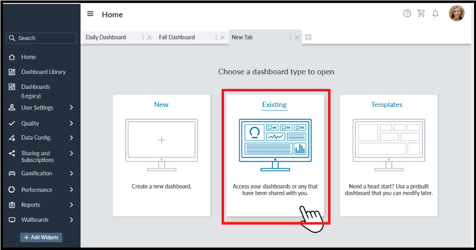 Performance Dashboard | How to open an existing Dashboard?