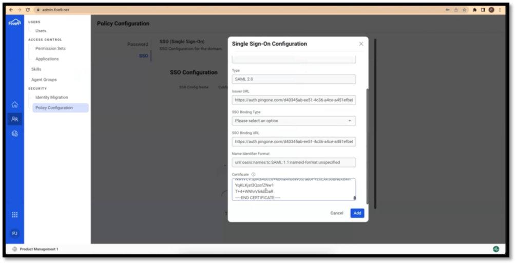 Five9 Identity Service | SAML SSO Configuration | PingIdentity