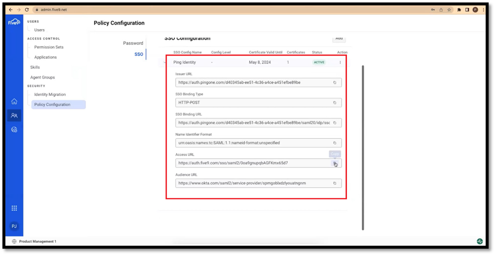 Five9 Identity Service | SAML SSO Configuration | PingIdentity