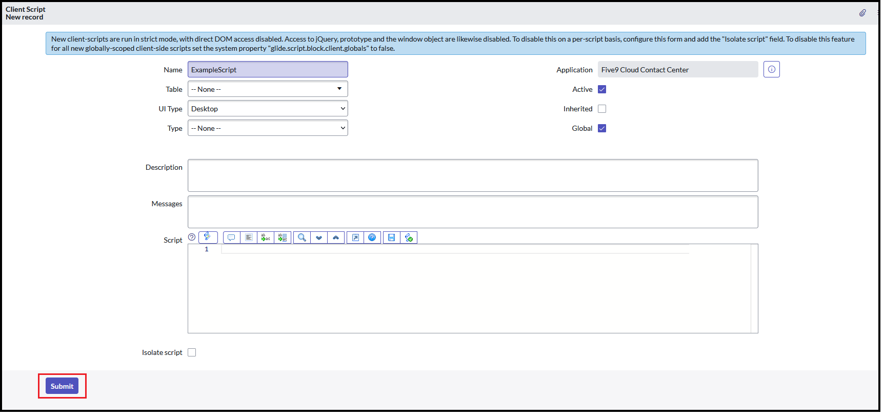 ServiceNow | Creating a Custom Five9 Configuration