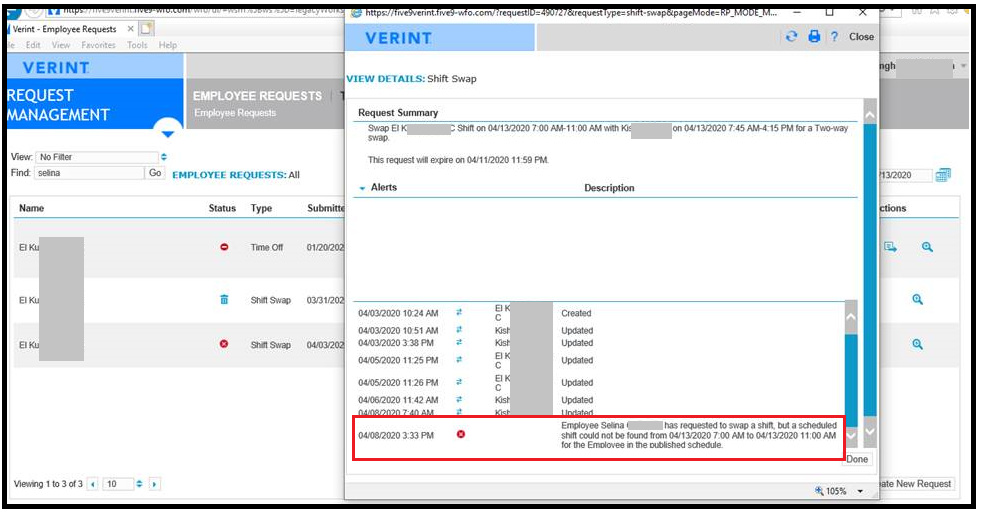 Verint | Shift Request shows invalid due to schedule shift could not be ...