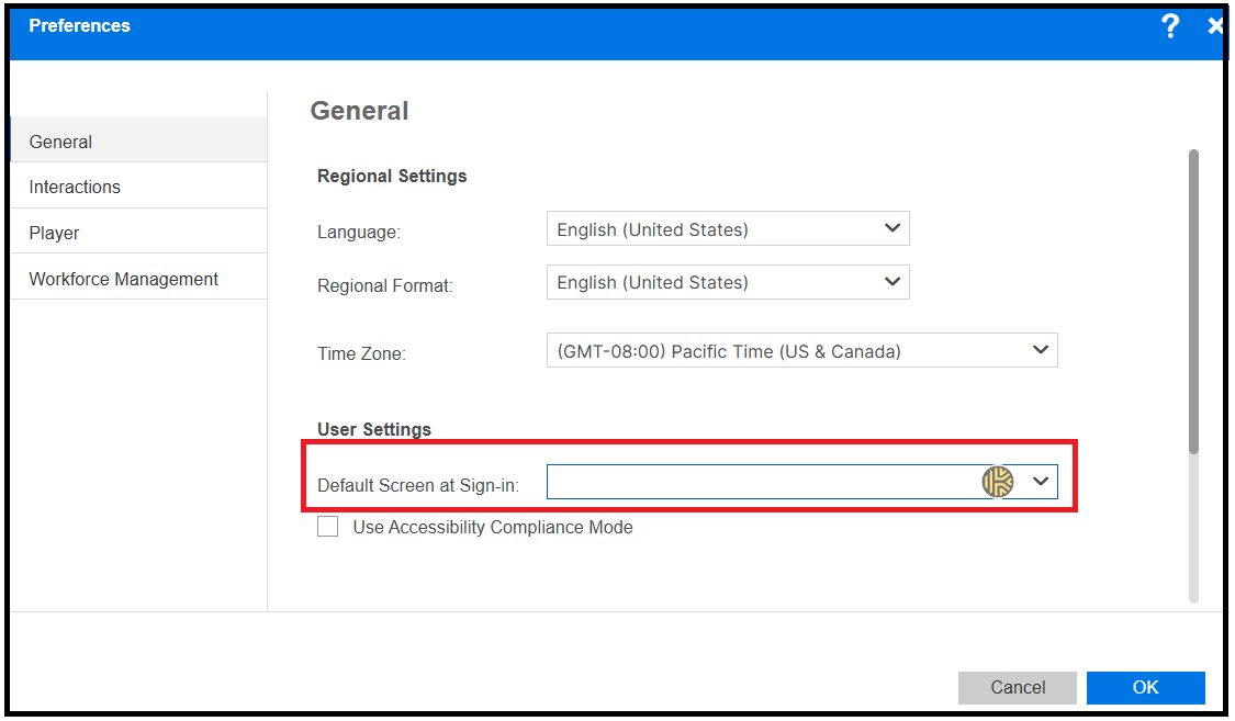 Verint | How to use Default Screen at Sign-In on Verint Preferences