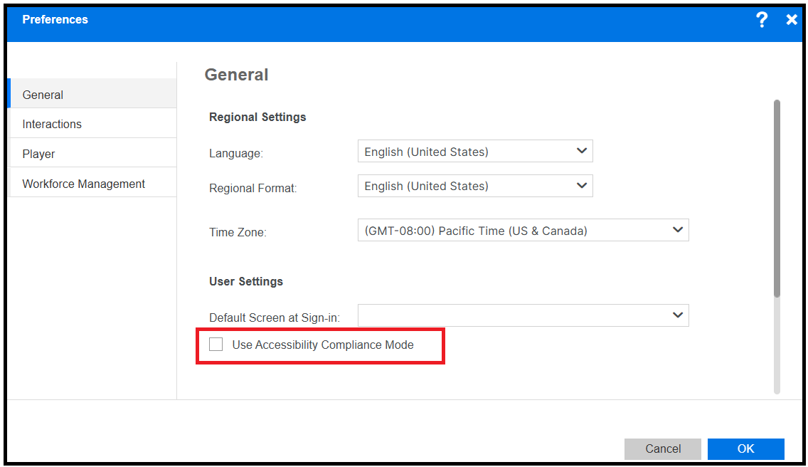 Verint | How to use Default Screen at Sign-In on Verint Preferences