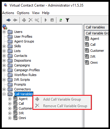 Administrator | Call Variable Options are grayed out