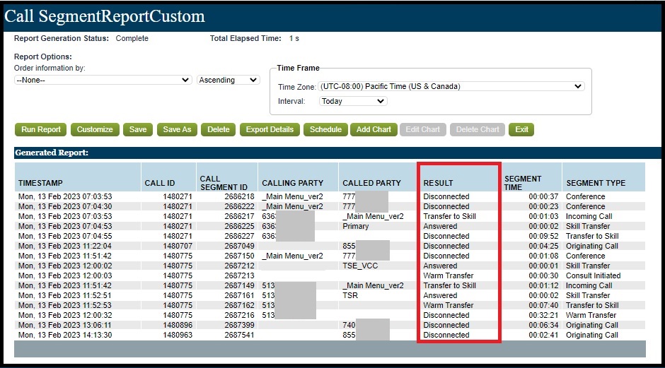 Reporting | Call Segment-Call Events/'Result' Column