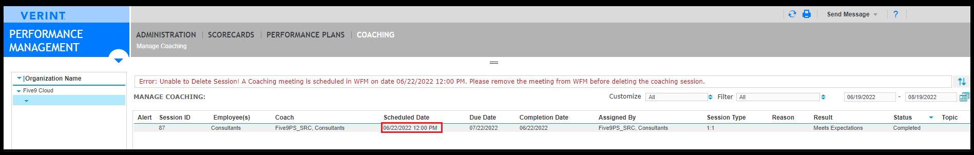 Verint | Error when Deleting a Coaching Session in Verint