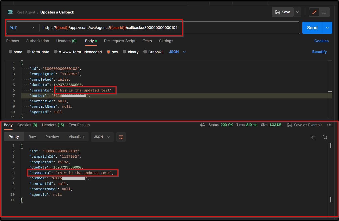 API | Update an existing callback via Agent REST API