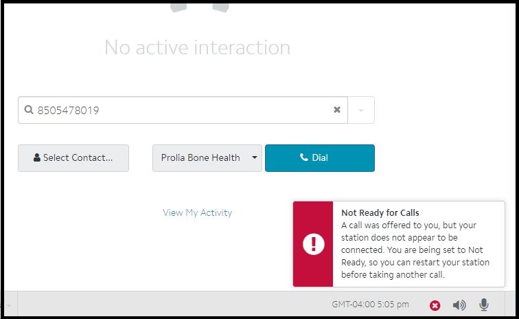 Agent | Error: Not Ready for Calls. Softphone N/A